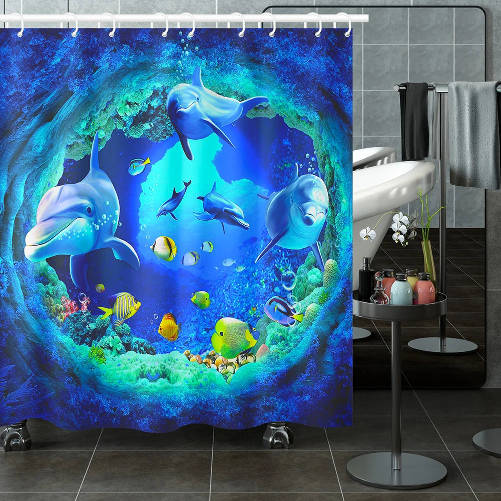 Blue Underwater World Marine Life Shower Curtain Set with 12 Hooks - Kids Ocean Theme Bathroom Decor