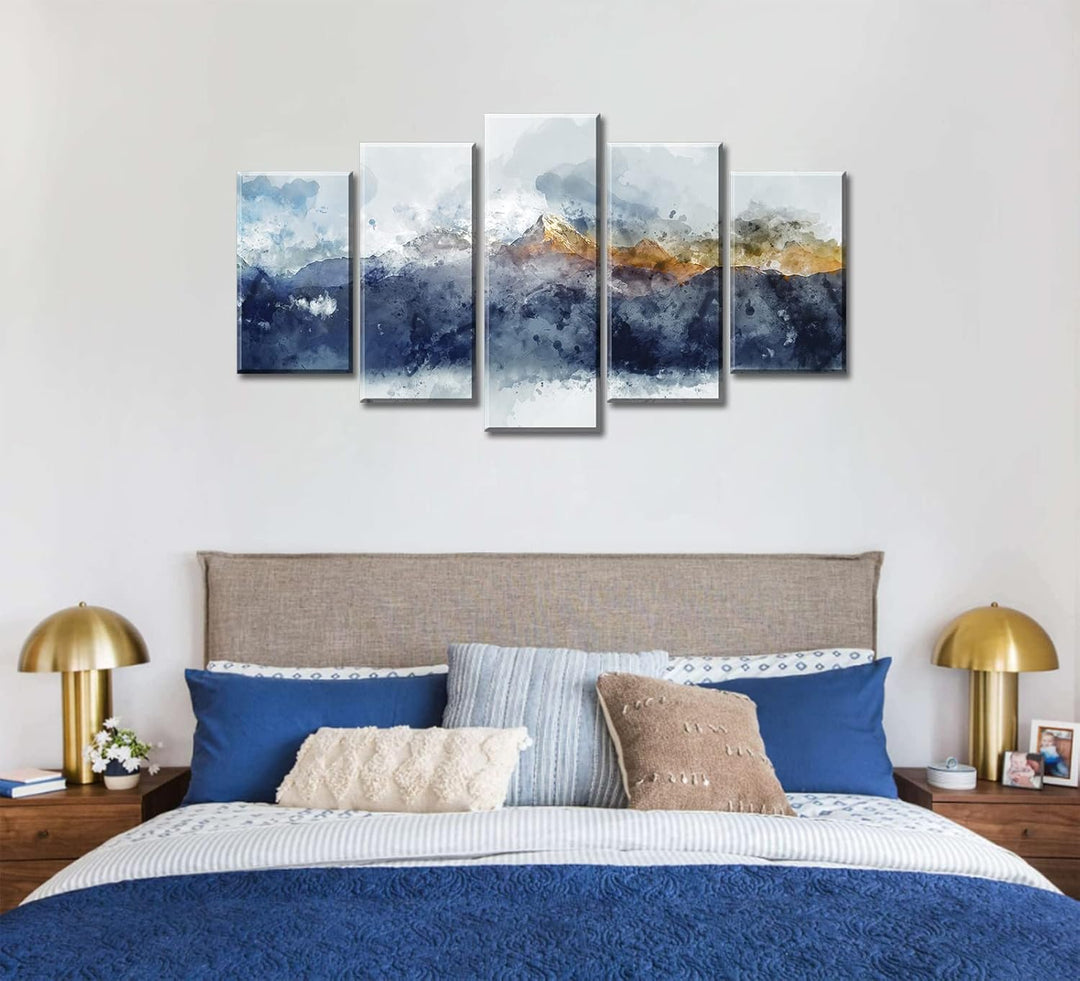 Modern Abstract Navy Blue Mountains Wall Art - 5 Piece Canvas Set for Bedroom and Living Room