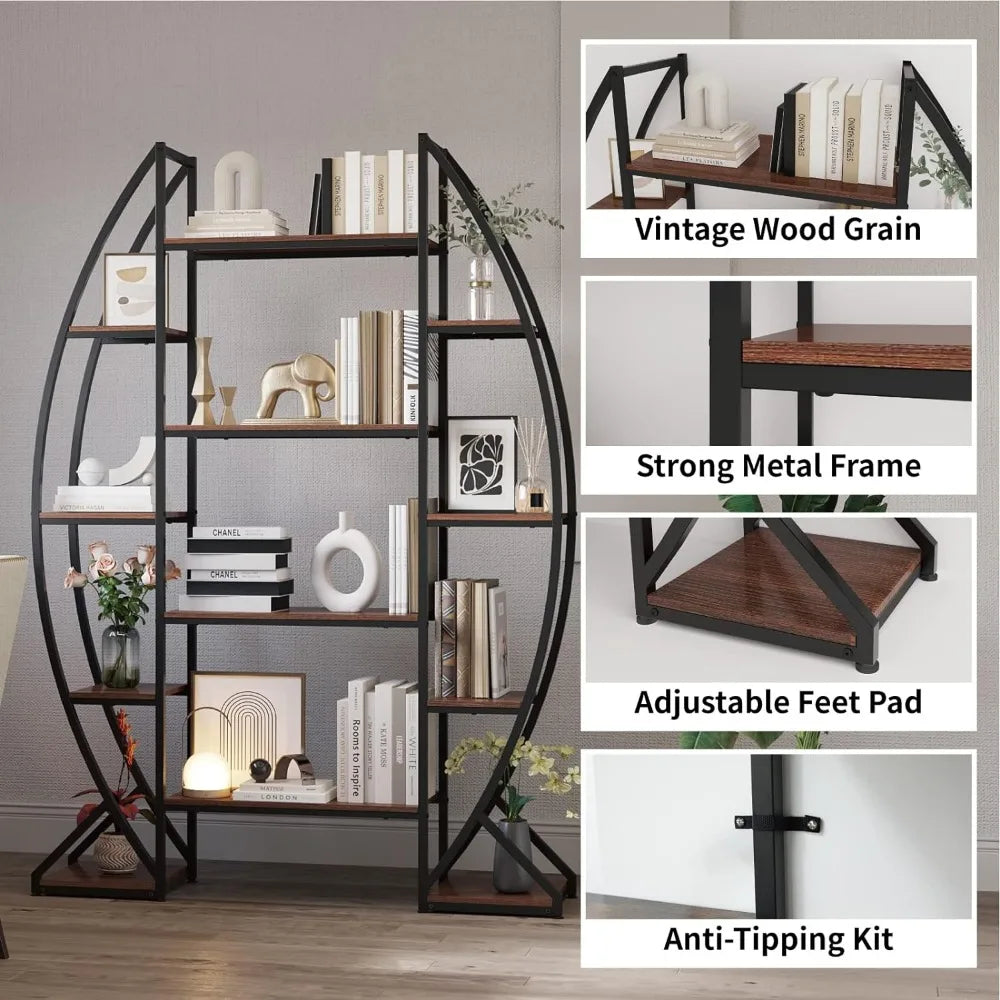 "5-Tier Oval Industrial Bookshelf with Free-Standing Design for Books, Farmhouse Wood and Metal Display"