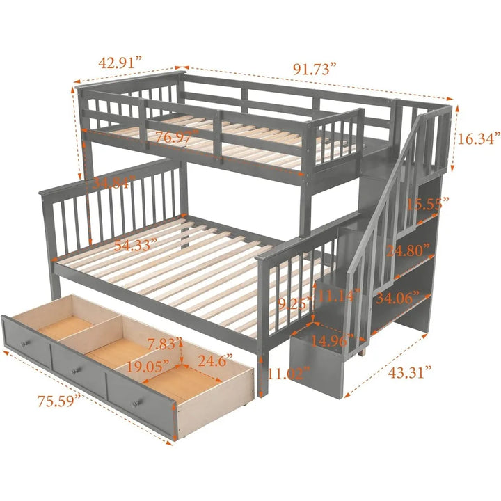 Solid Wood Twin over Full Bunk Bed with Stairway and Storage Drawers