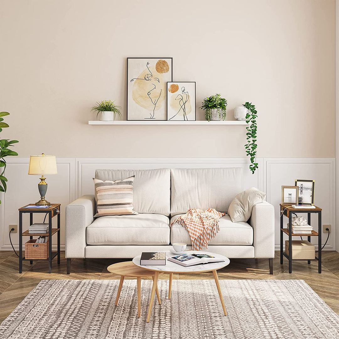 3-Tier Rustic Brown End Table with Charging Station, USB Ports, and Adjustable Shelf