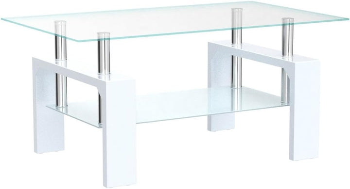 Rectangular Coffee Table with Glass Tabletop and Wooden Legs