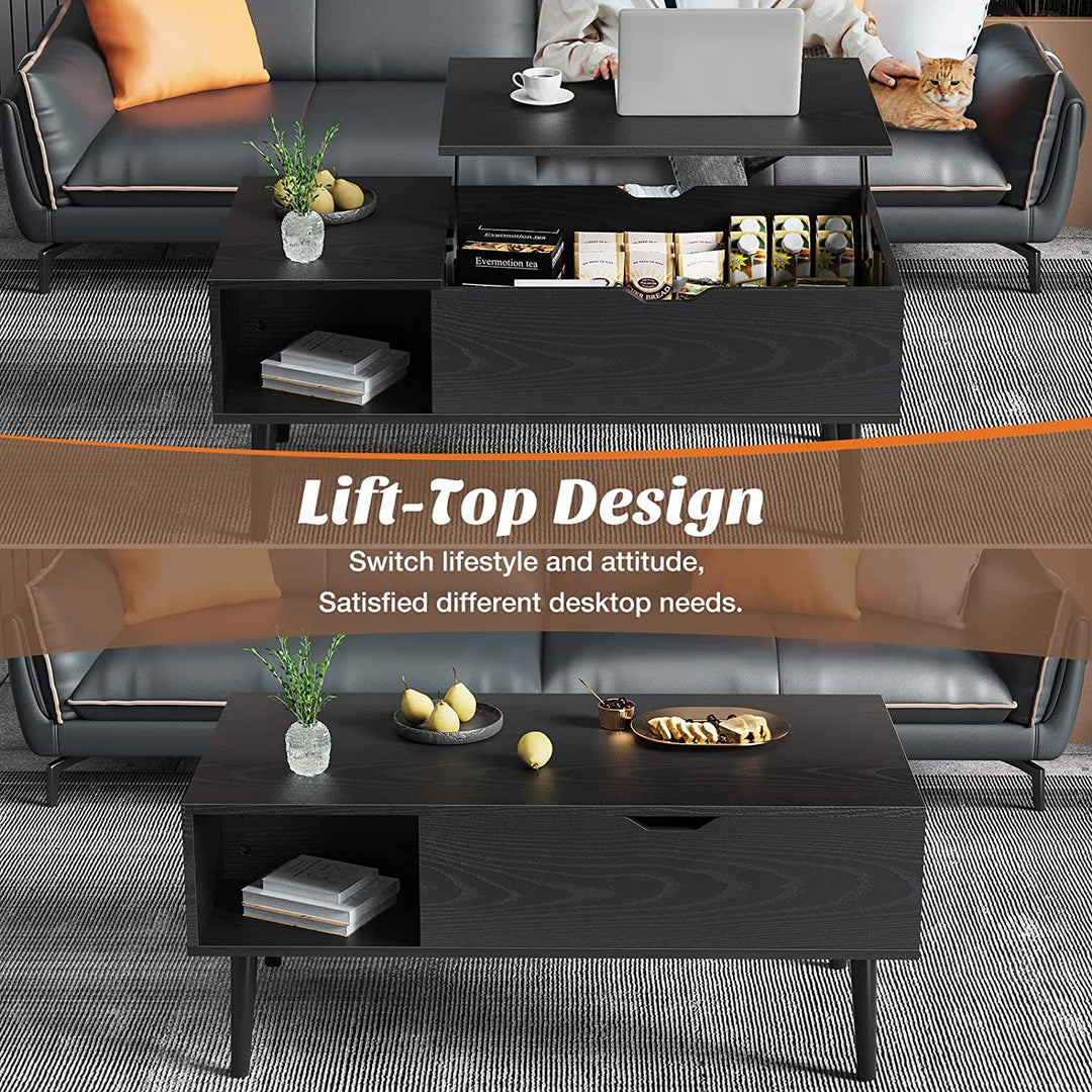  Lift Top Coffee Table with Storage Shelf and Concealed Compartment - Black