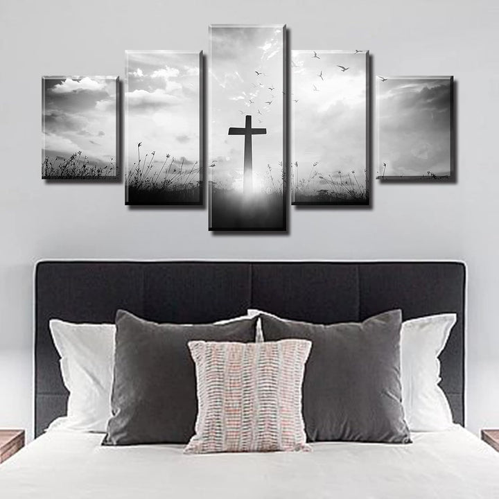 Christian Wall Art Set - Black and White Religious Jesus Cross Prints for Home Decor - 5 Piece, 60" x 32"