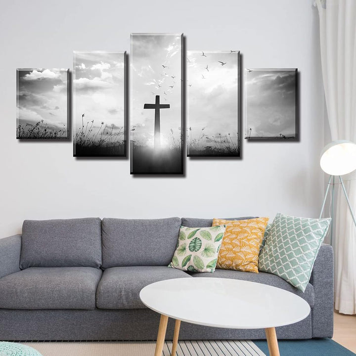 Christian Wall Art Set - Black and White Religious Jesus Cross Prints for Home Decor - 5 Piece, 60" x 32"