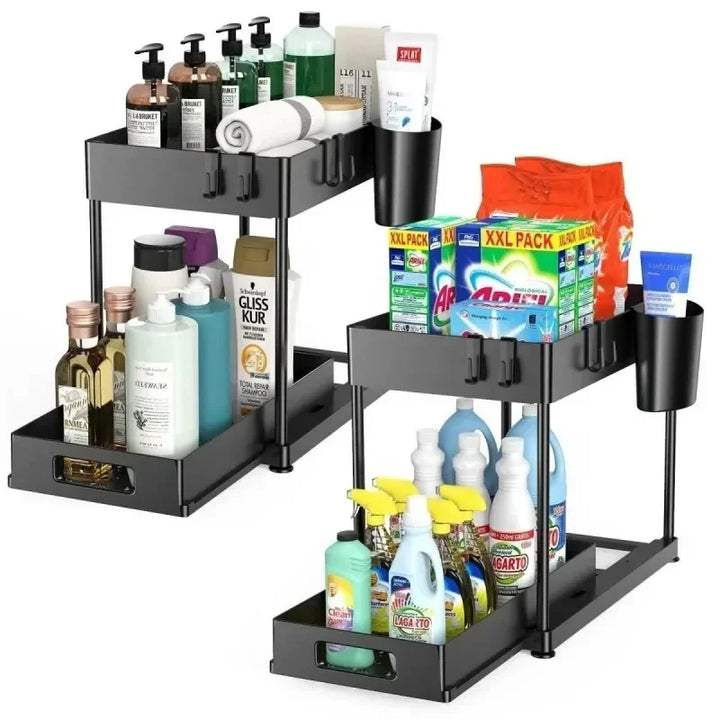 Under Sink 2 Tier Sliding Cabinet Basket Organizer with Hooks and Cup Holder