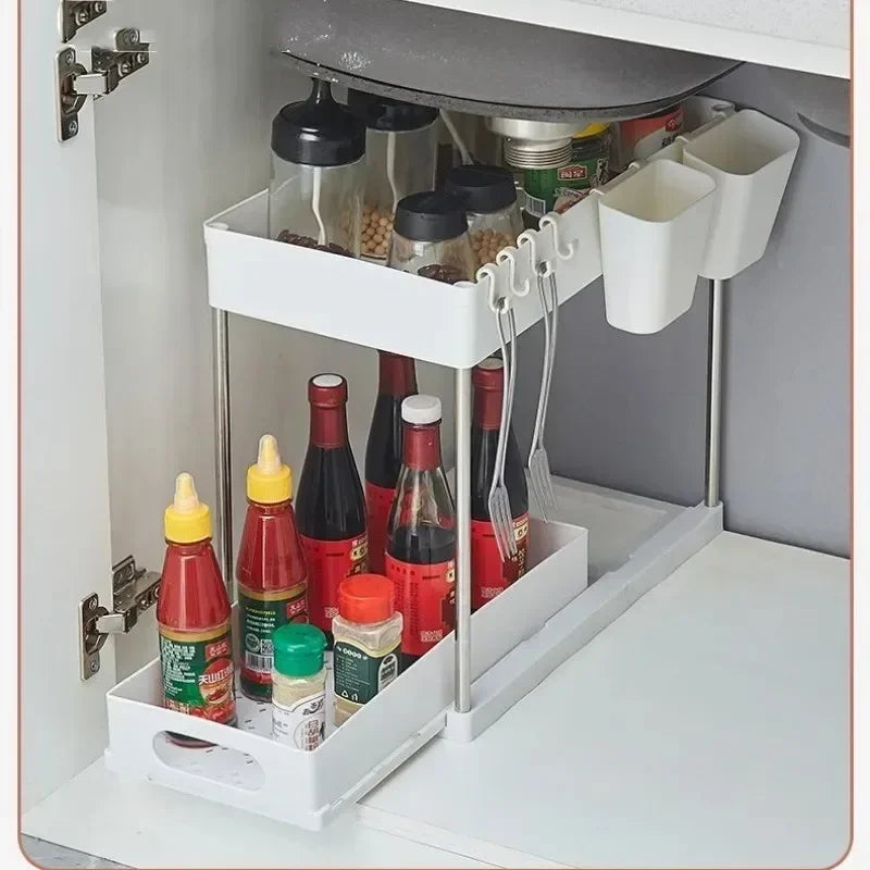 Under Sink 2 Tier Sliding Cabinet Basket Organizer with Hooks and Cup Holder