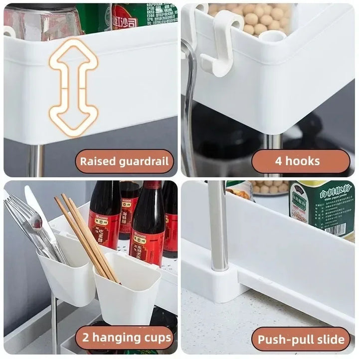 Under Sink 2 Tier Sliding Cabinet Basket Organizer with Hooks and Cup Holder