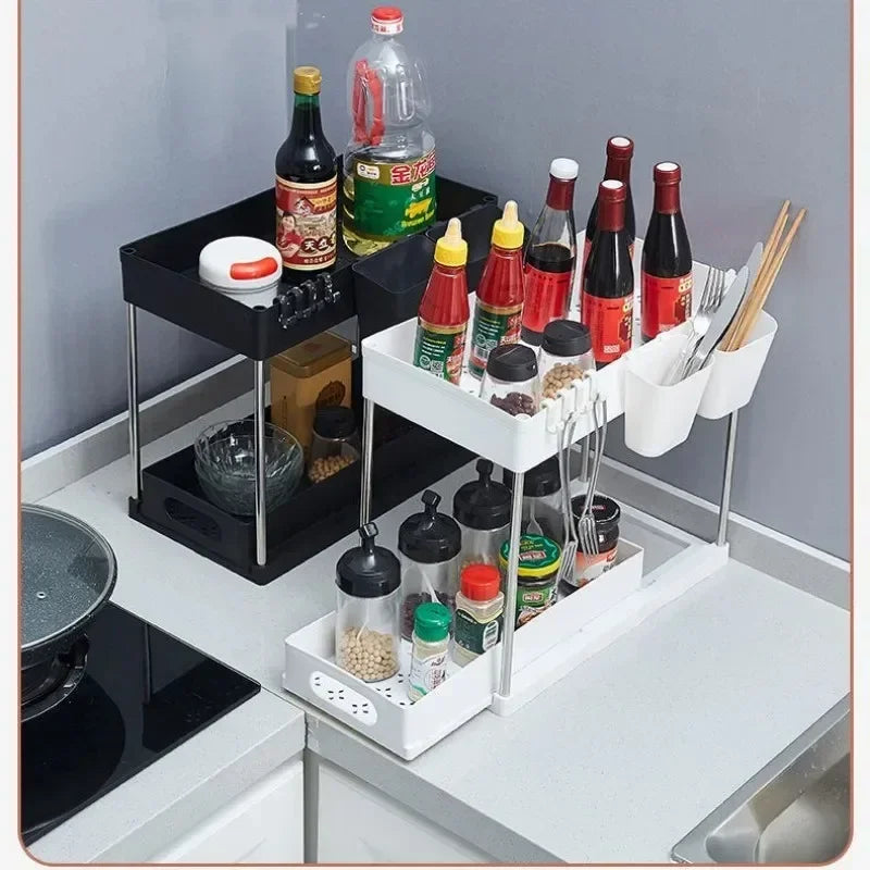 Under Sink 2 Tier Sliding Cabinet Basket Organizer with Hooks and Cup Holder