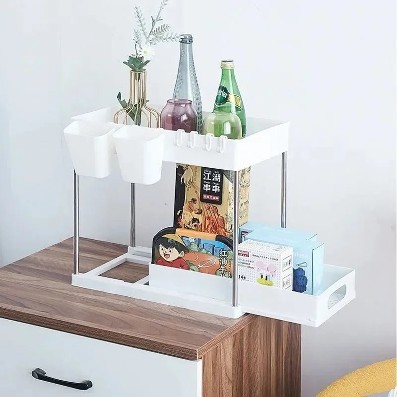 Under Sink 2 Tier Sliding Cabinet Basket Organizer with Hooks and Cup Holder