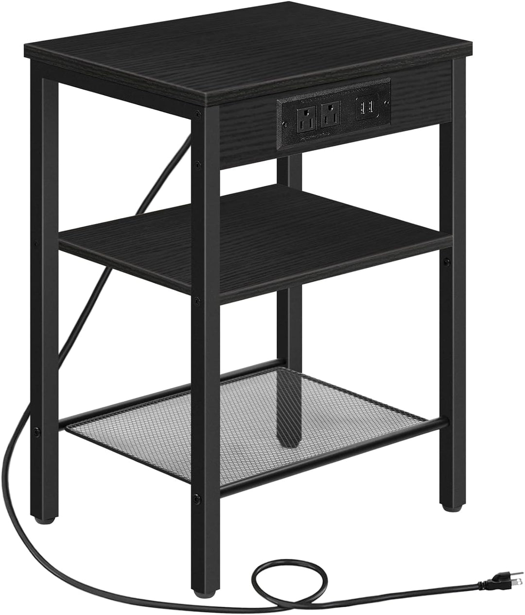 3-Tier Rustic Brown End Table with Charging Station, USB Ports, and Adjustable Shelf