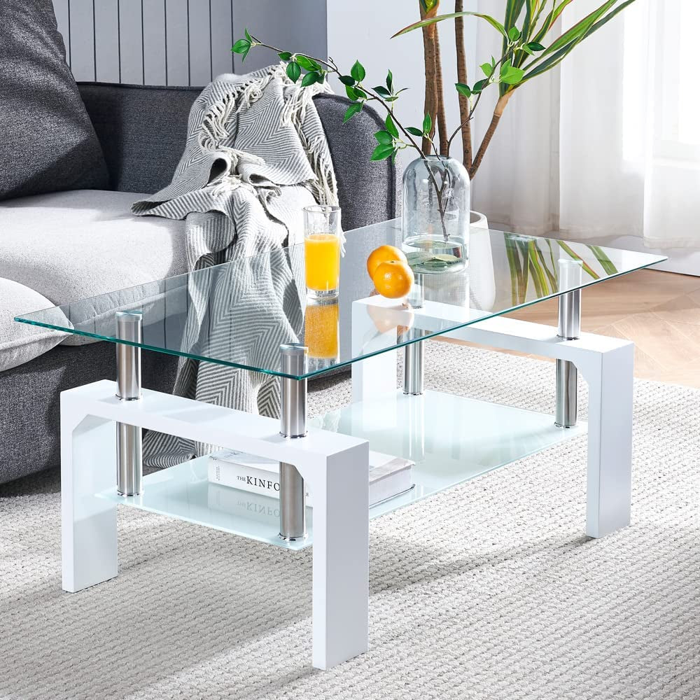 Rectangular Coffee Table with Glass Tabletop and Wooden Legs