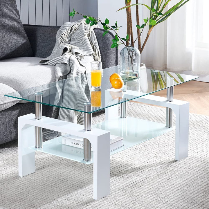 Rectangular Coffee Table with Glass Tabletop and Wooden Legs