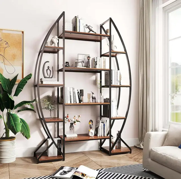 "5-Tier Oval Industrial Bookshelf with Free-Standing Design for Books, Farmhouse Wood and Metal Display"