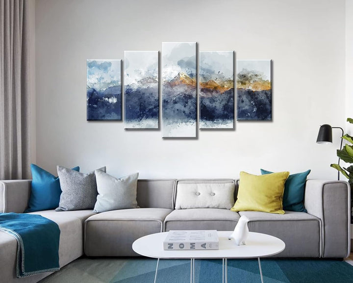 Modern Abstract Navy Blue Mountains Wall Art - 5 Piece Canvas Set for Bedroom and Living Room