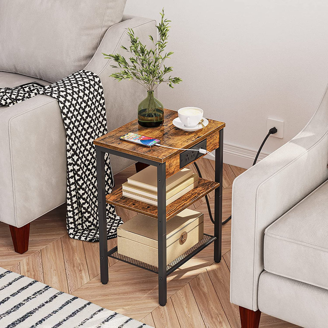 3-Tier Rustic Brown End Table with Charging Station, USB Ports, and Adjustable Shelf