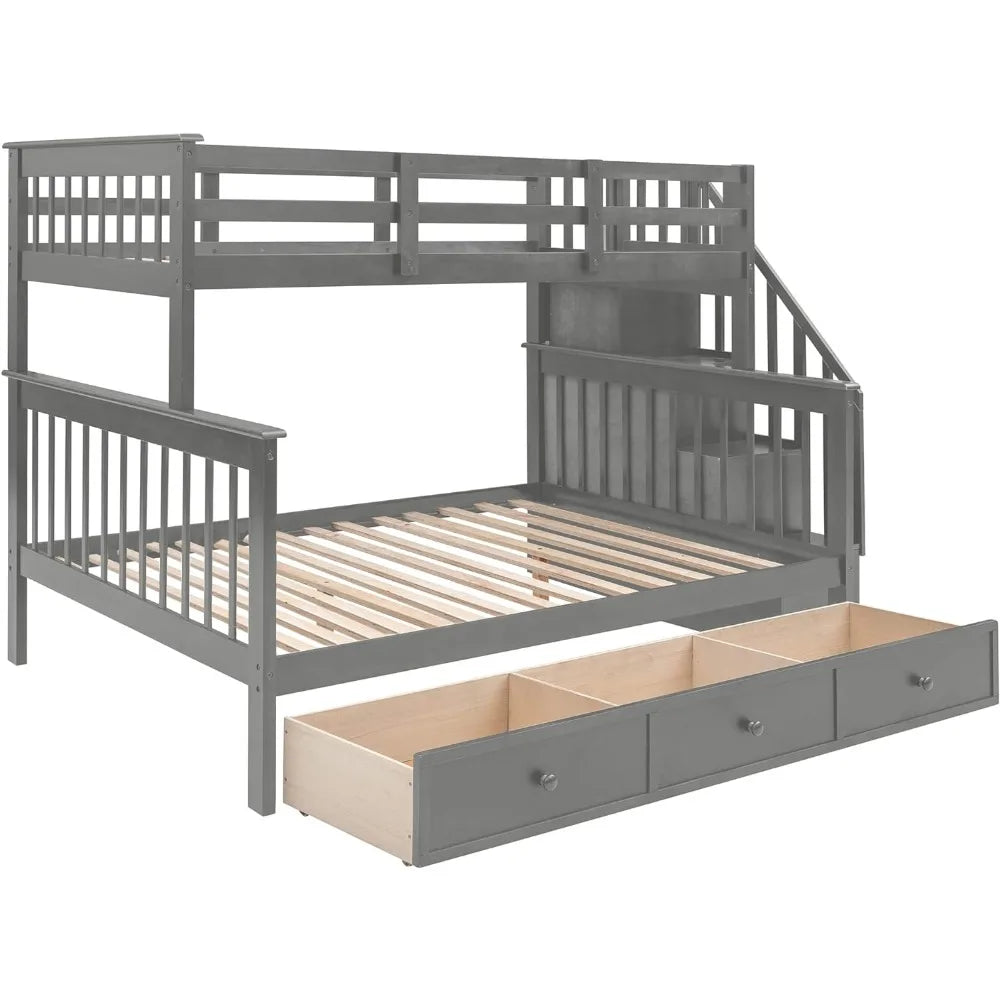 Solid Wood Twin over Full Bunk Bed with Stairway and Storage Drawers