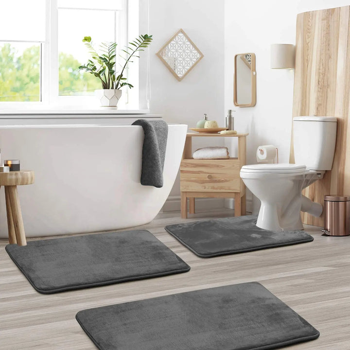 3-Piece Velvet Memory Foam Bathroom Rugs Set with Non-Slip Backing - Machine Washable and Quick Drying - Ultra Soft Mats for Bedroom and Kitchen