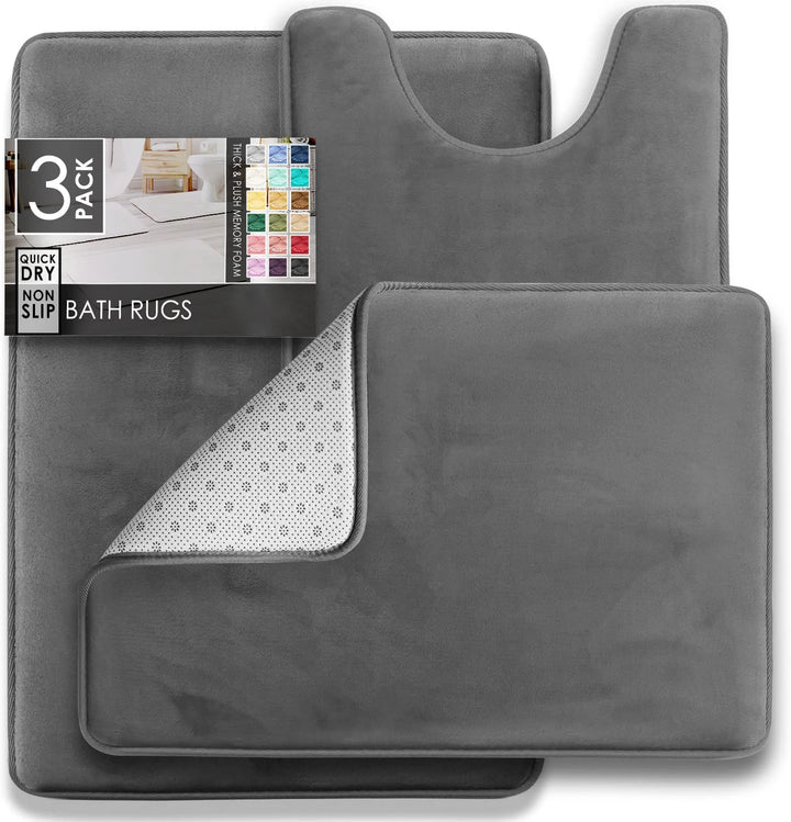 3-Piece Velvet Memory Foam Bathroom Rugs Set with Non-Slip Backing - Machine Washable and Quick Drying - Ultra Soft Mats for Bedroom and Kitchen