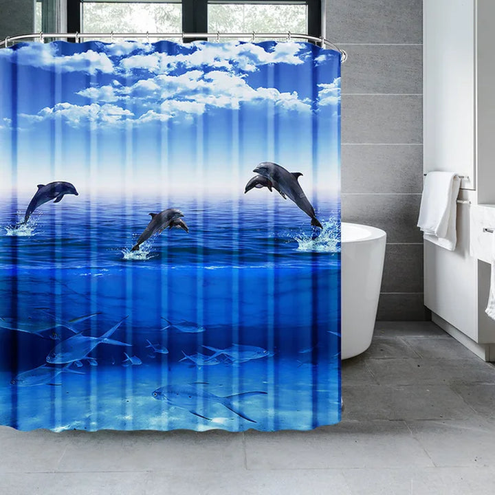 Blue Underwater World Marine Life Shower Curtain Set with 12 Hooks - Kids Ocean Theme Bathroom Decor