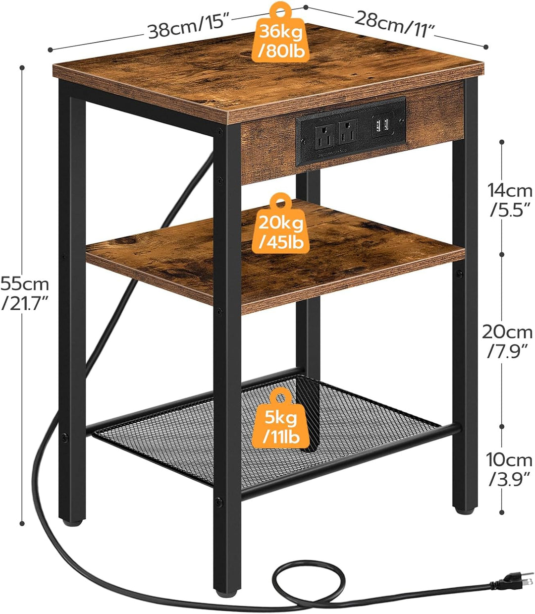 3-Tier Rustic Brown End Table with Charging Station, USB Ports, and Adjustable Shelf