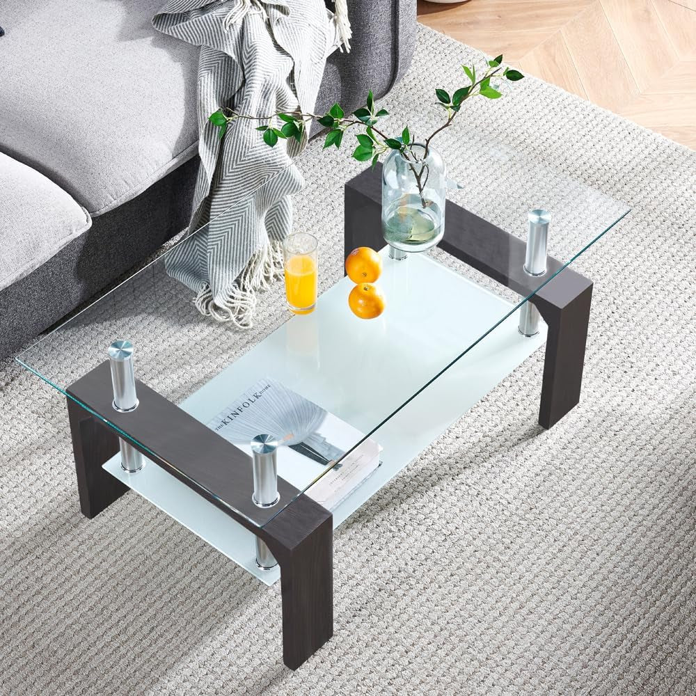 Rectangular Coffee Table with Glass Tabletop and Wooden Legs