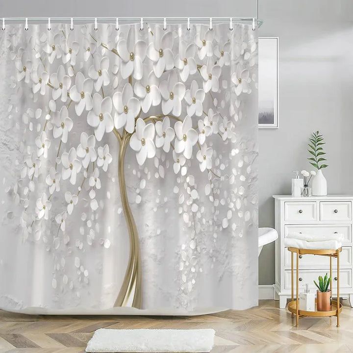 "White Floral 3D Style Shower Curtain Set with Bath Rug - Elegant Home Bathroom Decor"