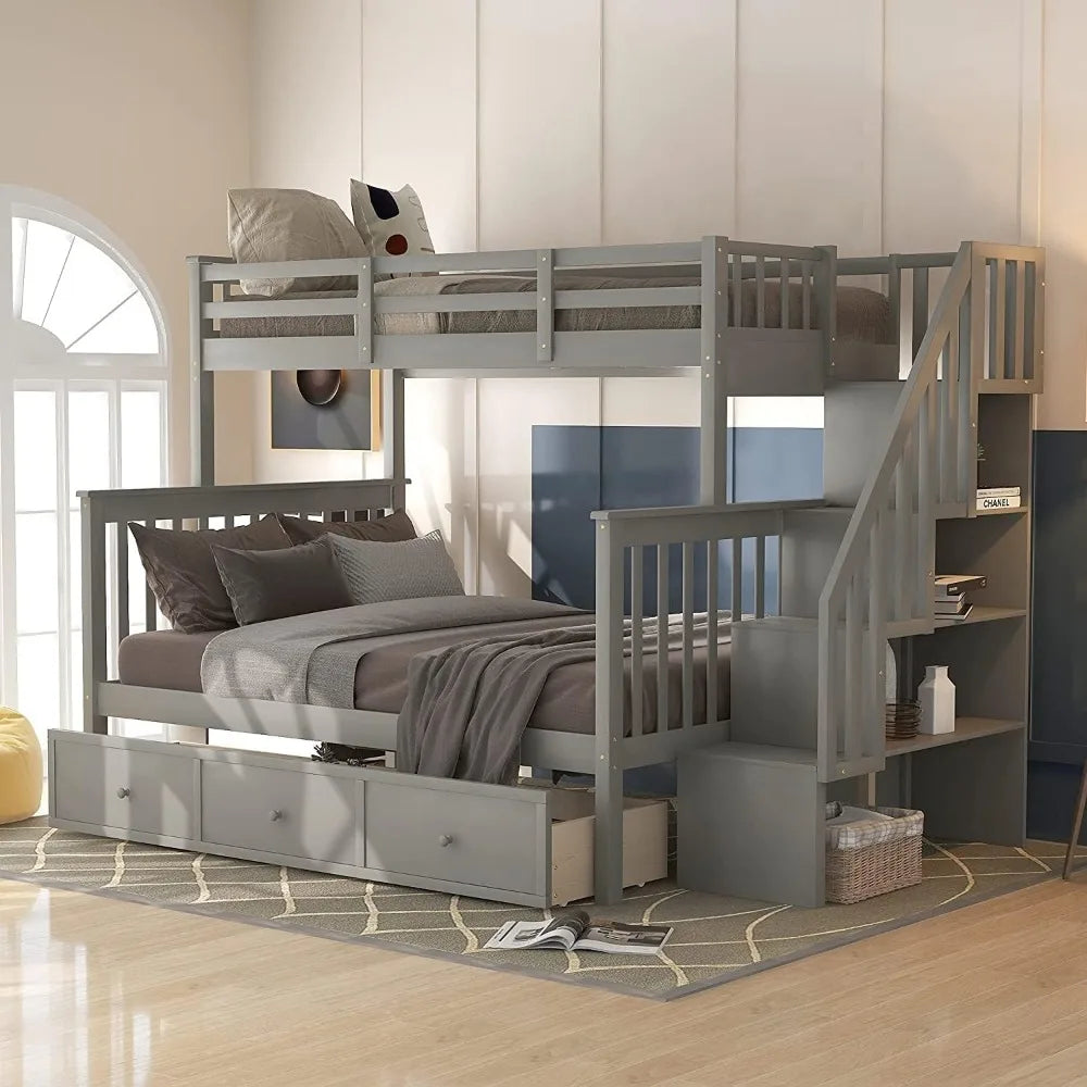 Solid Wood Twin over Full Bunk Bed with Stairway and Storage Drawers