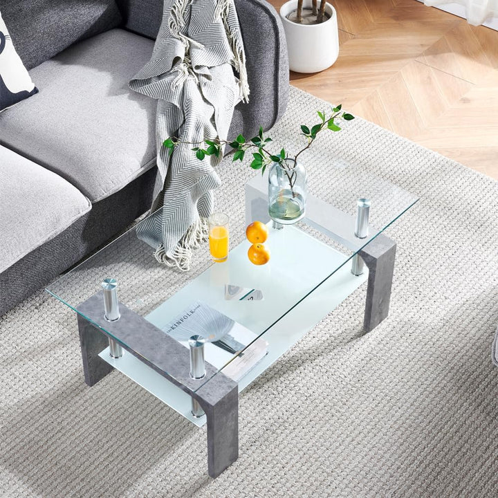 Rectangular Coffee Table with Glass Tabletop and Wooden Legs