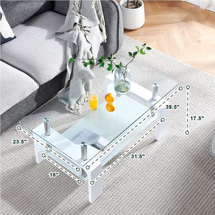 Rectangular Coffee Table with Glass Tabletop and Wooden Legs