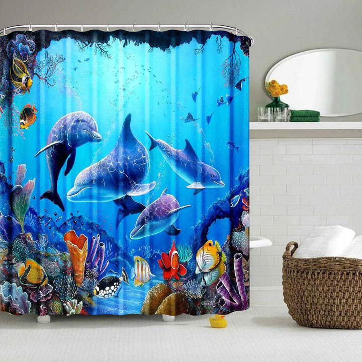 Blue Underwater World Marine Life Shower Curtain Set with 12 Hooks - Kids Ocean Theme Bathroom Decor