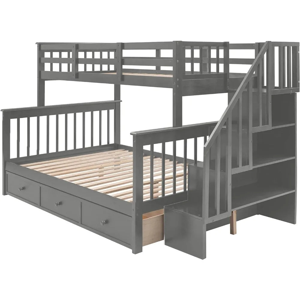 Solid Wood Twin over Full Bunk Bed with Stairway and Storage Drawers