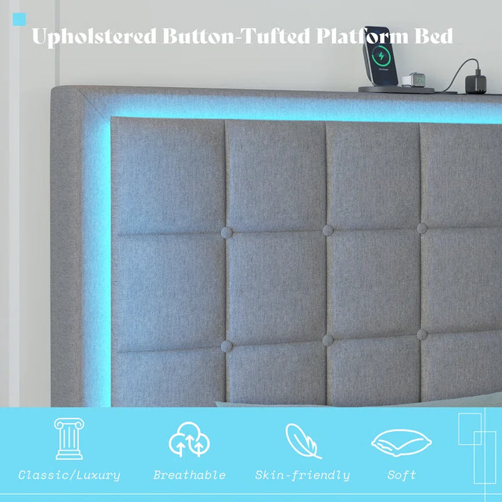 Button Tufted Platform Bed Frame with LED Lights by Berdean