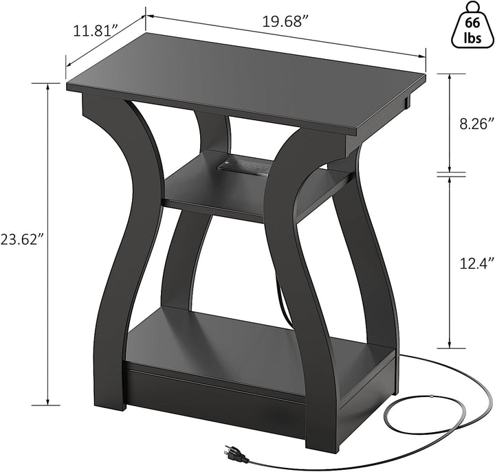 Contemporary End Table with Integrated Charging Station, USB Ports, and Outlets - 3 Tier Nightstand with Storage Shelf for Living Room or Bedroom (Black)