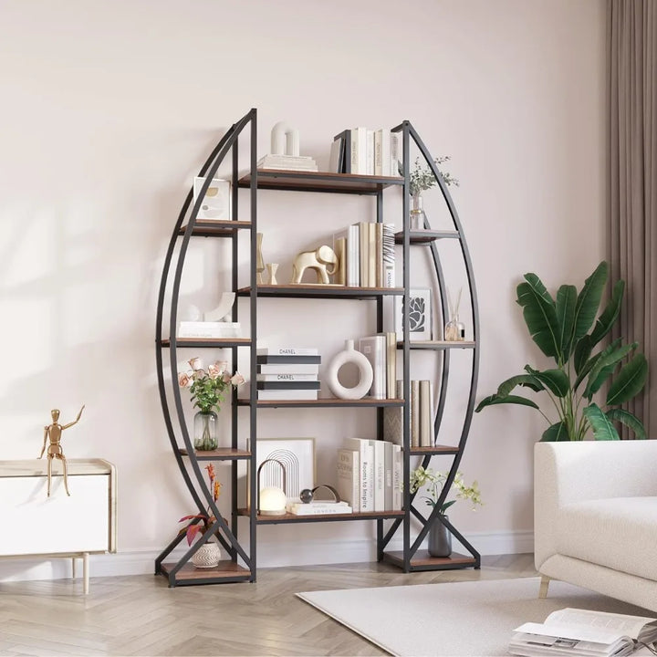 "5-Tier Oval Industrial Bookshelf with Free-Standing Design for Books, Farmhouse Wood and Metal Display"