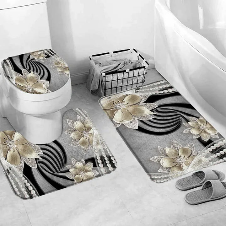 "White Floral 3D Style Shower Curtain Set with Bath Rug - Elegant Home Bathroom Decor"