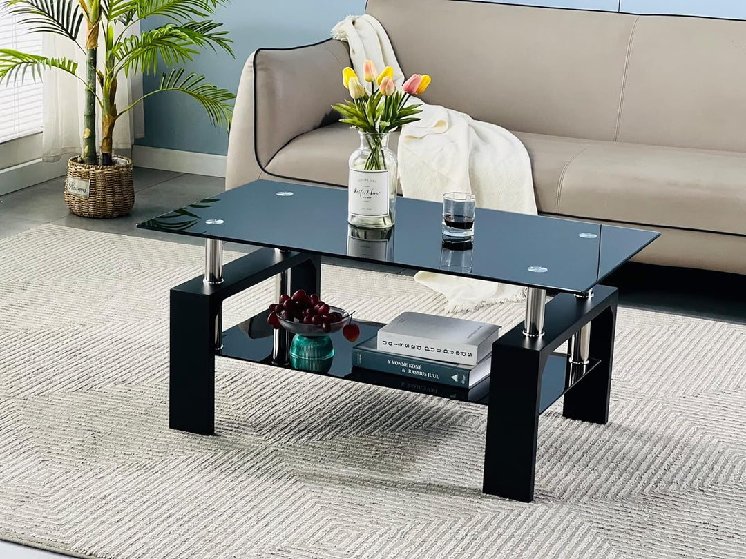 Rectangular Coffee Table with Glass Tabletop and Wooden Legs