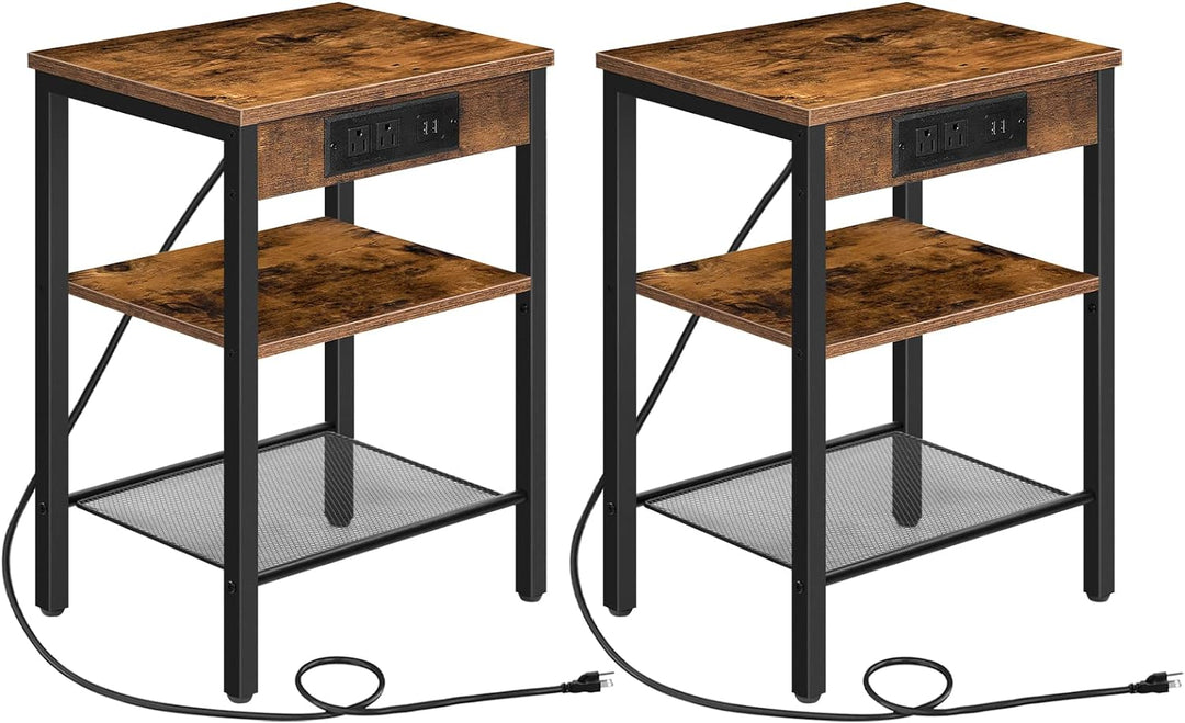 3-Tier Rustic Brown End Table with Charging Station, USB Ports, and Adjustable Shelf