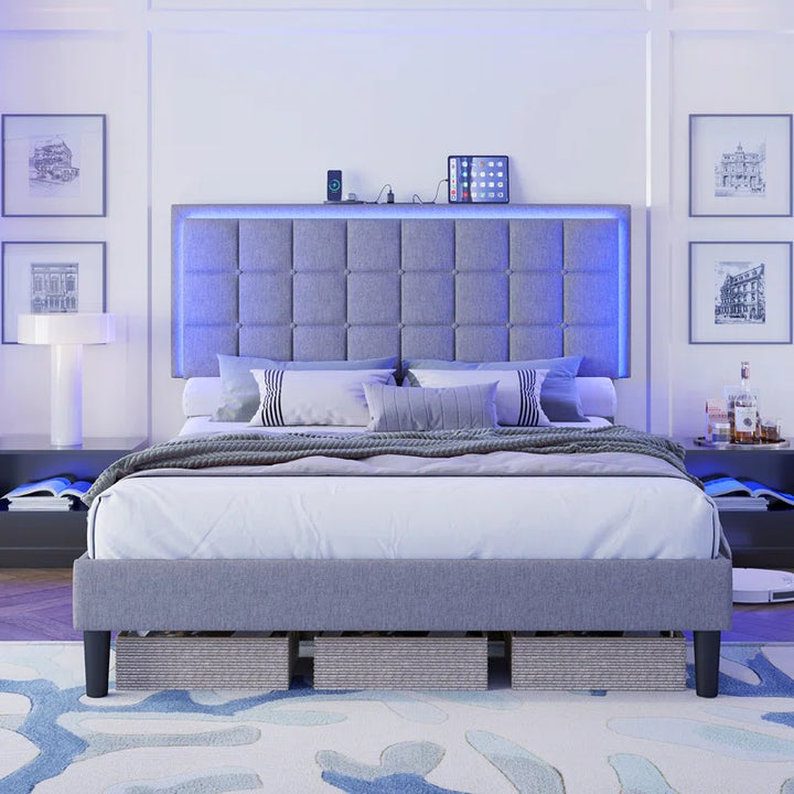 Button Tufted Platform Bed Frame with LED Lights by Berdean