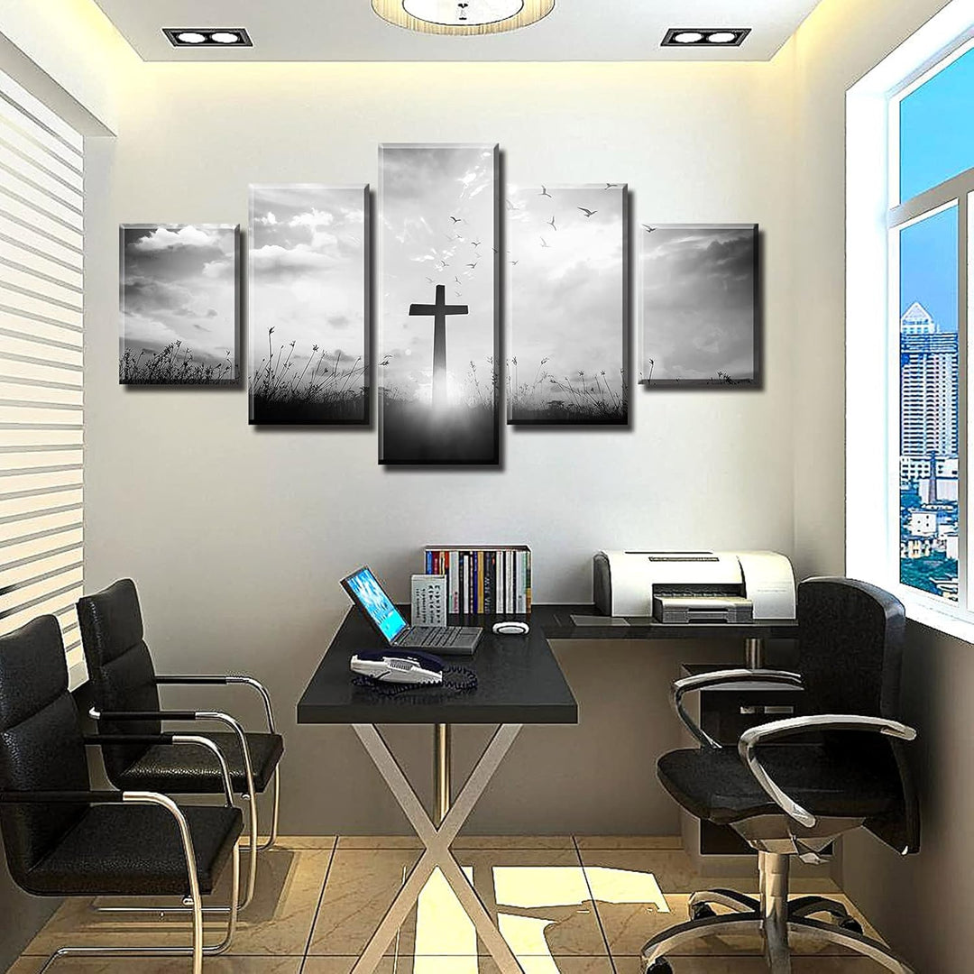 Christian Wall Art Set - Black and White Religious Jesus Cross Prints for Home Decor - 5 Piece, 60" x 32"