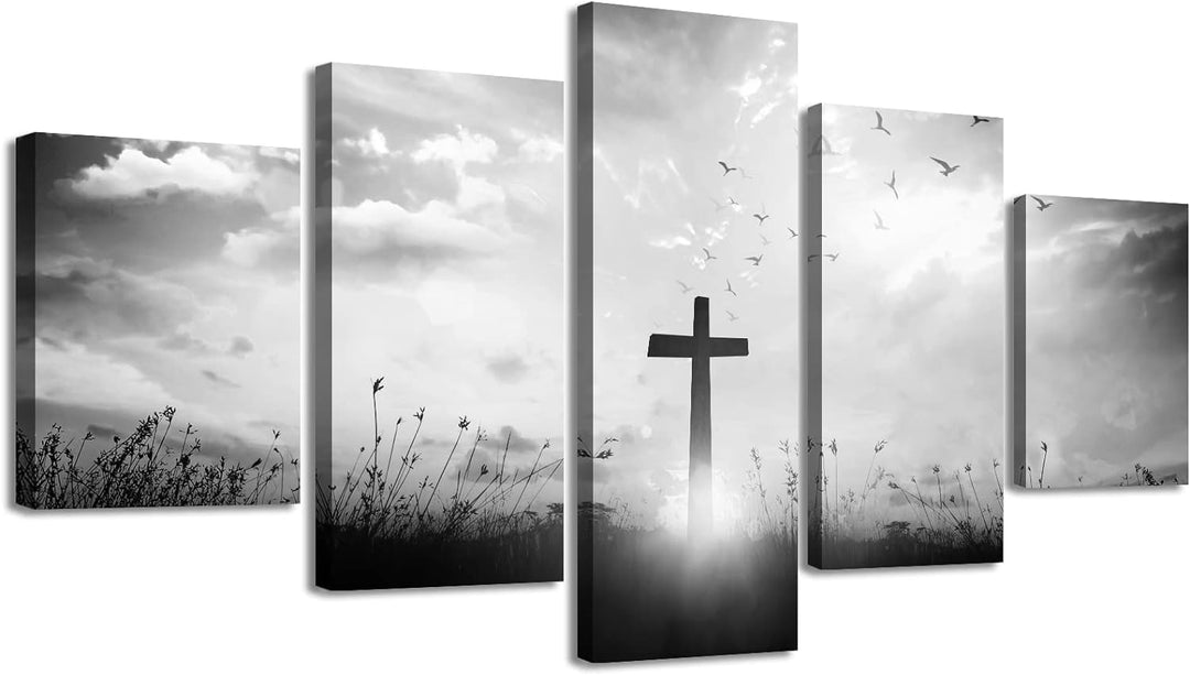 Christian Wall Art Set - Black and White Religious Jesus Cross Prints for Home Decor - 5 Piece, 60" x 32"