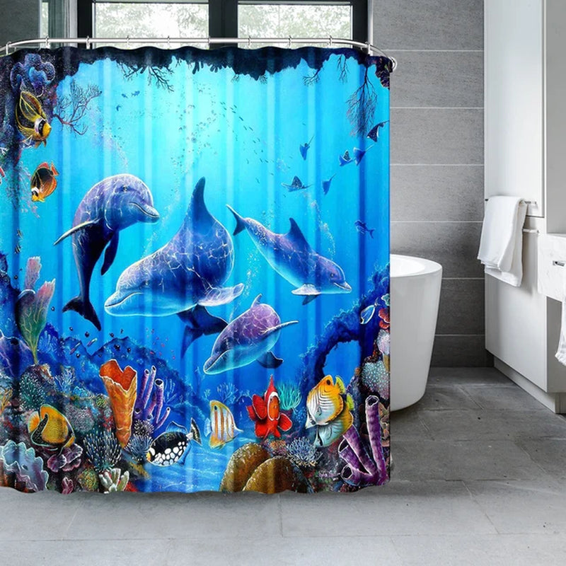 Blue Underwater World Marine Life Shower Curtain Set with 12 Hooks - Kids Ocean Theme Bathroom Decor