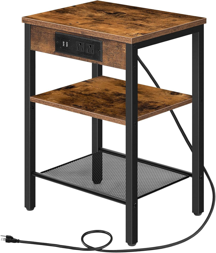 3-Tier Rustic Brown End Table with Charging Station, USB Ports, and Adjustable Shelf