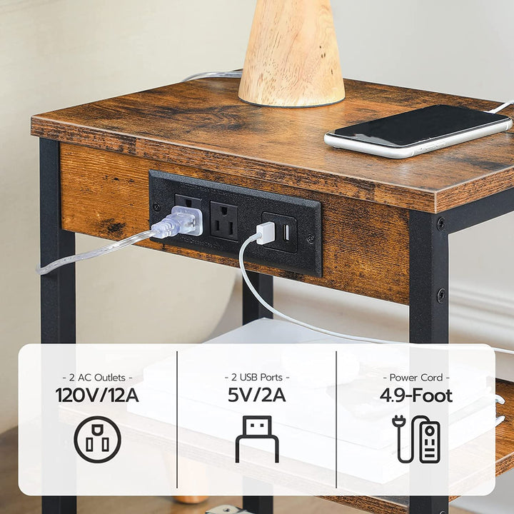 3-Tier Rustic Brown End Table with Charging Station, USB Ports, and Adjustable Shelf