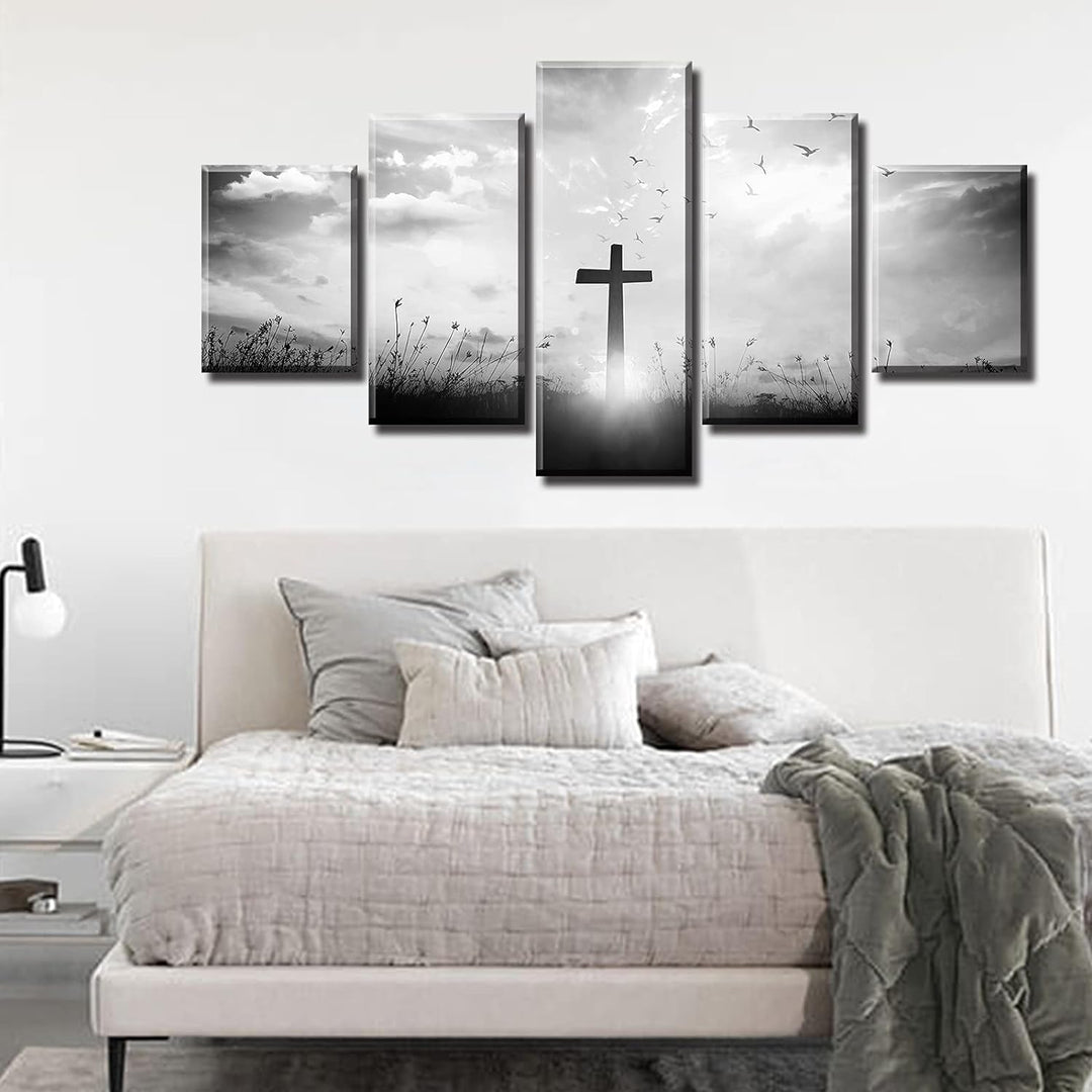 Christian Wall Art Set - Black and White Religious Jesus Cross Prints for Home Decor - 5 Piece, 60" x 32"