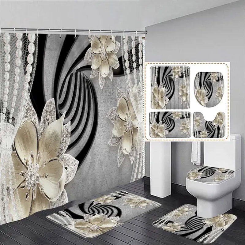 "White Floral 3D Style Shower Curtain Set with Bath Rug - Elegant Home Bathroom Decor"