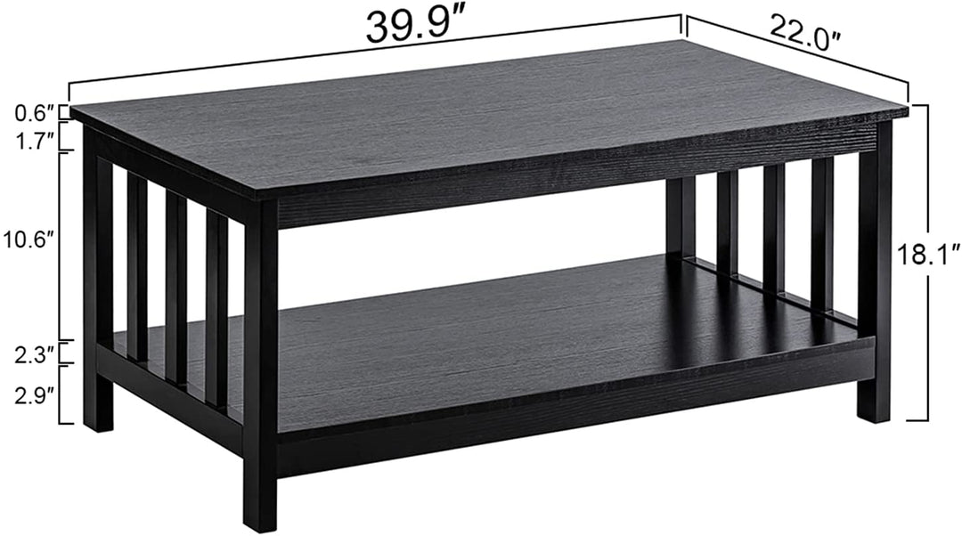 40" Black Wood Coffee Table with Shelf - Mission Style