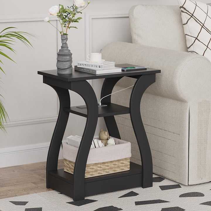 Contemporary End Table with Integrated Charging Station, USB Ports, and Outlets - 3 Tier Nightstand with Storage Shelf for Living Room or Bedroom (Black)