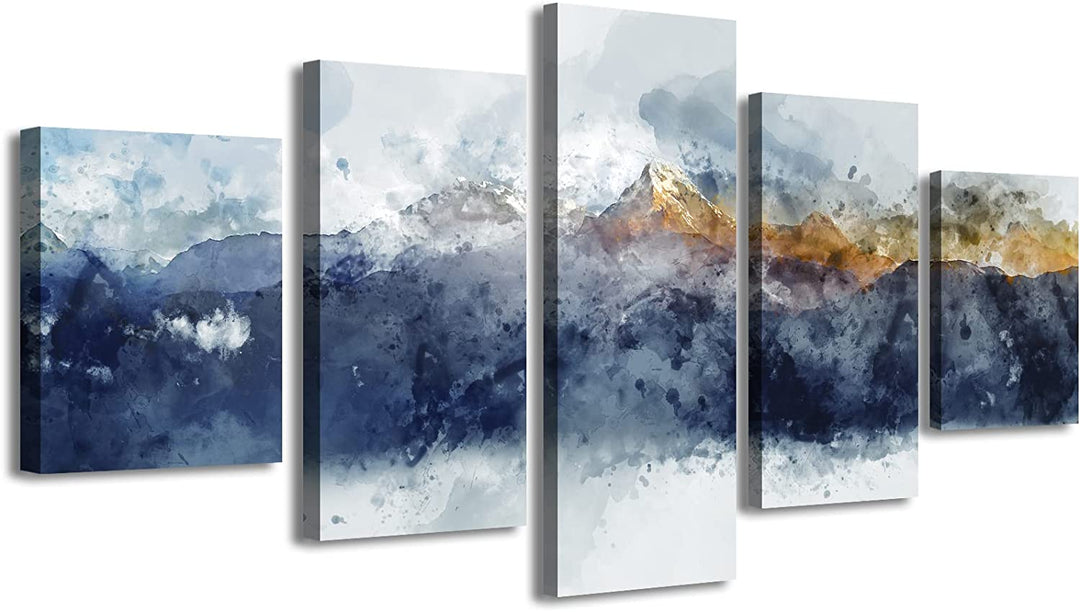 Modern Abstract Navy Blue Mountains Wall Art - 5 Piece Canvas Set for Bedroom and Living Room