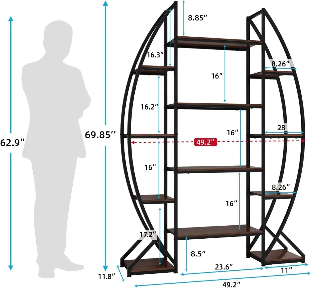 "5-Tier Oval Industrial Bookshelf with Free-Standing Design for Books, Farmhouse Wood and Metal Display"